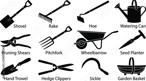 Foto gardening and farming tools vector icon set featuring shovel rake hoe watering c