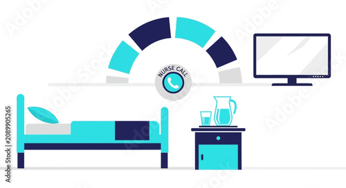 Hospital Room Scene Displaying Nurse Call System with Bedside Table and Television Screen