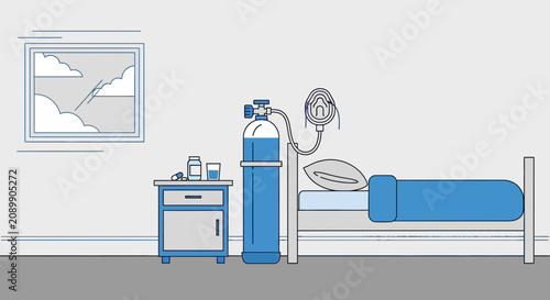 Hospital Room Scene Displaying Oxygen Therapy and Patient Care in Illustrated Format