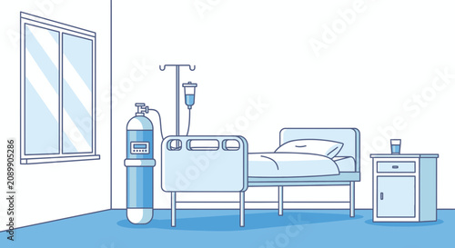 Hospital Room Scene Displaying Oxygen Tank, Bed, and Medical Equipment Illustrations