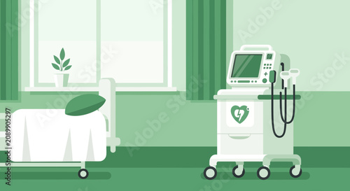 Hospital Room Scene Displaying Modern Medical Equipment with Empty Bed and Monitor