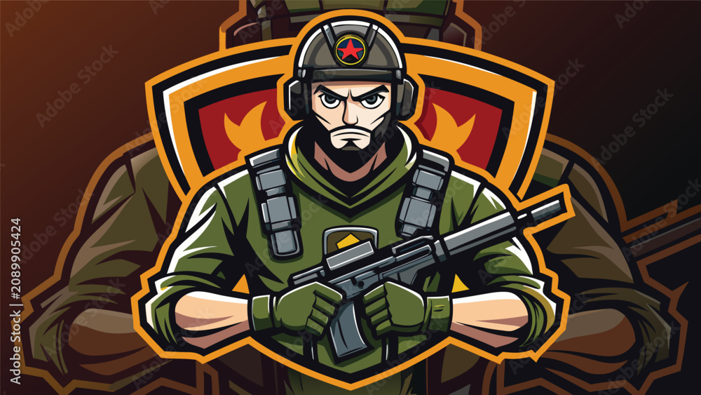 Fototapeta premium A determined soldier's portrait with tactical gear and firearm presented with dynamic linework and bold colors. Ideal for gaming logos or military branding.