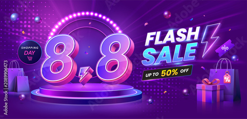 Modern 8.8 flash sale vector banner featuring 3D typography, neon glowing ring, colorful gradient background and futuristic e-commerce promotion design for online shopping events.