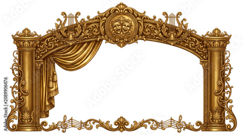 Ornate golden theater stage frame, baroque architectural arch with drama masks and curtains, vintage classical music and opera border isolated PNG with Transparent Background