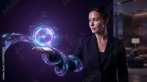 Futuristic businesswoman holding glowing digital hologram, advanced artificial intelligence technology interface, visionary female leader with virtual data sphere