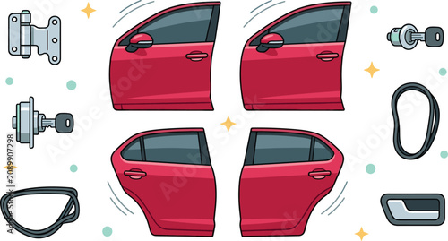 Car Door Parts Vector Collection with Front Rear Vehicle Doors Handles Hinges Rubber Seals Automotive Components and Auto Repair Elements