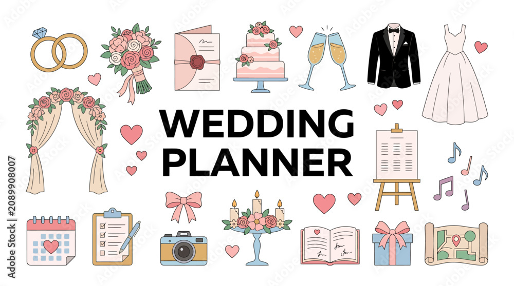 Fototapeta premium Vibrant collection of wedding planning essentials, including rings, attire, cake, and decor, perfect for illustrating event organization and joyous celebration designs