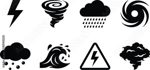 Canvastavla Set of severe weather icons featuring storm, hurricane, lightning, rain, tornado, and natural disaster symbols