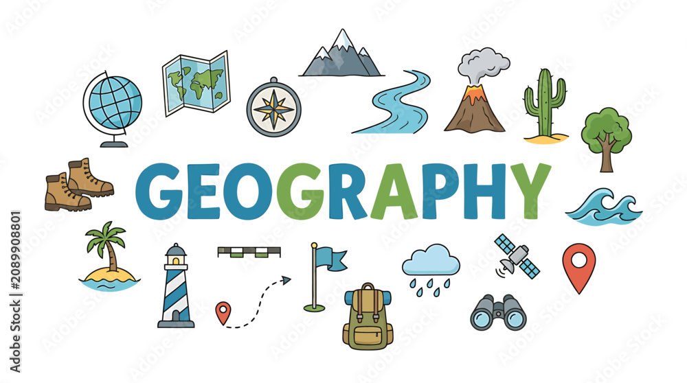 Fototapeta premium Vibrant educational illustration depicting the diverse elements and core concepts of geography, encompassing natural landscapes, global exploration, and essential travel-related iconic symbols