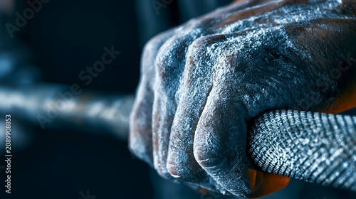 Powerful hand grips weight, covered in chalk dust. 64k 8k widescreen, HDR