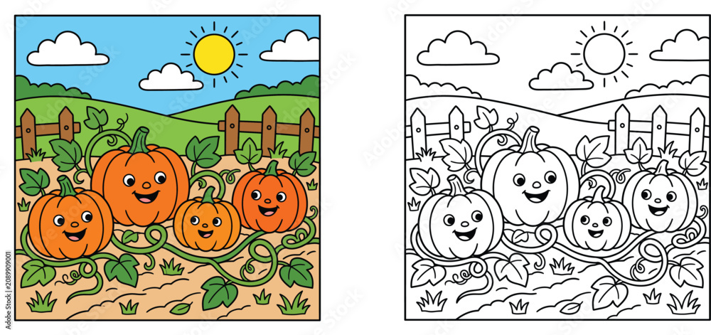 Fototapeta premium Coloring book page for kids with colored example of cute cartoon pumpkins in a farm patch, autumn and halloween vector illustration.