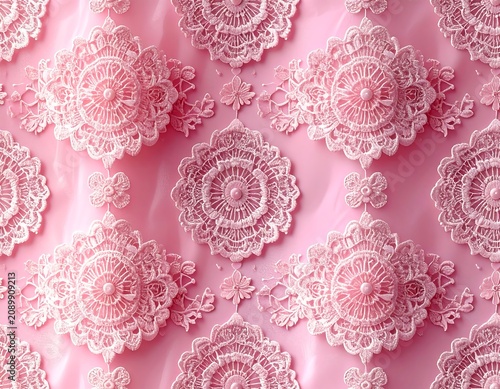 A close-up of pink fabric adorned with intricate lace floral patterns