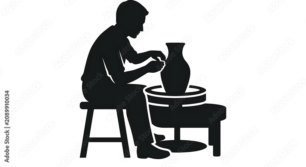 Fototapeta premium Potter working on ceramic vessel in studio silhouette