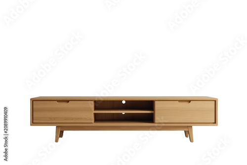Mid-century style wooden tv stand displaying clean lines and functional storage with a transparent background