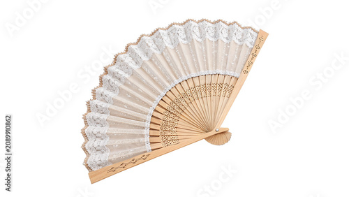 Cuadro en lienzo Elegant white folding hand fan wooden craft accessory isolated on transparent ba