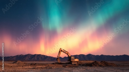 An excavator works on a barren landscape under a vibrant aurora borealis lighting up the night sky with green and purple hues.
