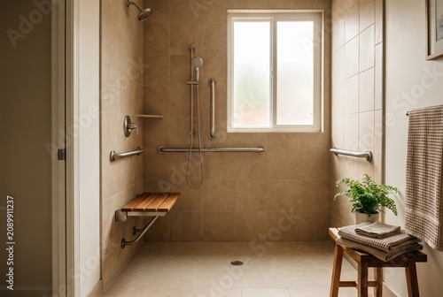 Warm accessible bathroom with walk-in shower, grab bars, shower seat and non-slip floor, senior-friendly home, no people
