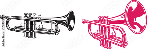 Schilderij op canvas Trumpet vector illustration set with black and pink musical instruments in retro