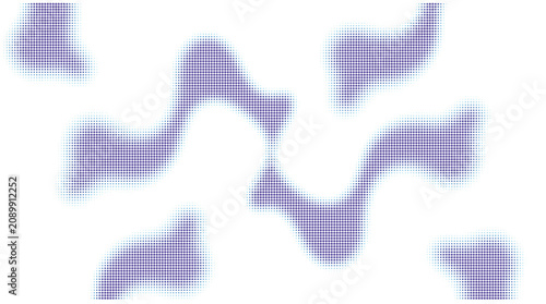 Multiple abstract purple shapes with dotted texture and light blue outline, dynamic forms on grid, modern composition.