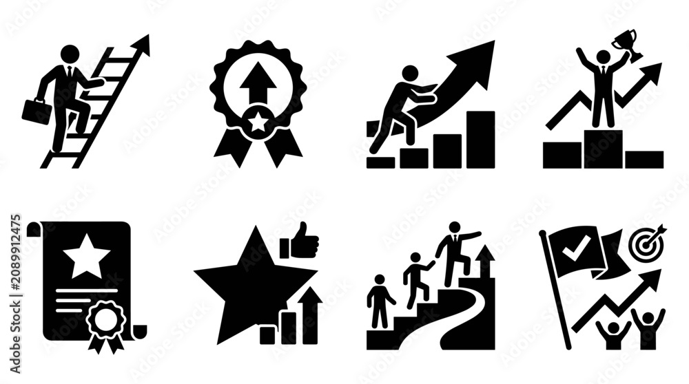 Fototapeta premium Set of black business success and growth icons showing people climbing ladders charts and achieving professional career goals