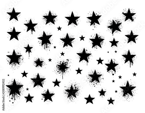 A collection of 35 black star shapes with splatters on a white background