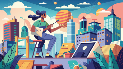 An artist with a brush creates a world sphere against vibrant metropolis. Illustrates creativity and urban development for design projects.