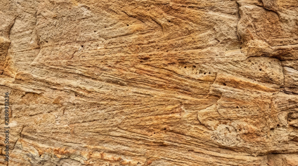 Obraz premium A close-up image of a rough, textured rock surface. The rock exhibits a warm, earthy color palette with shades of brown, tan, and ochre.