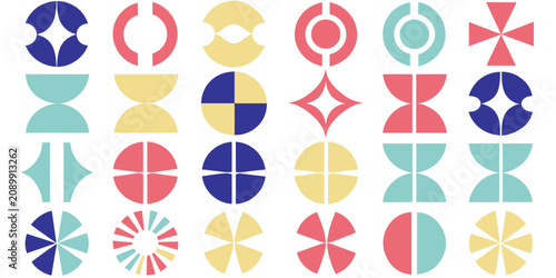 фотографія Set of abstract geometric shapes with varying cutouts and rotational symmetry, in four vibrant colors