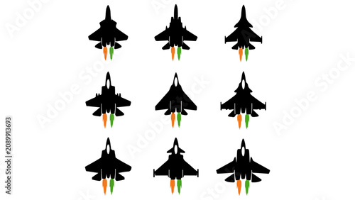 Foto Fighter Jet Silhouette Vector Set with Colorful Afterburner Exhaust Isolated on
