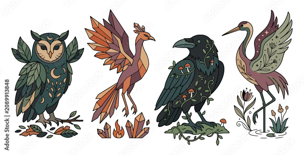 Fototapeta premium Mystical bird art set featuring owl phoenix raven and crane with intricate forest plant detailing.