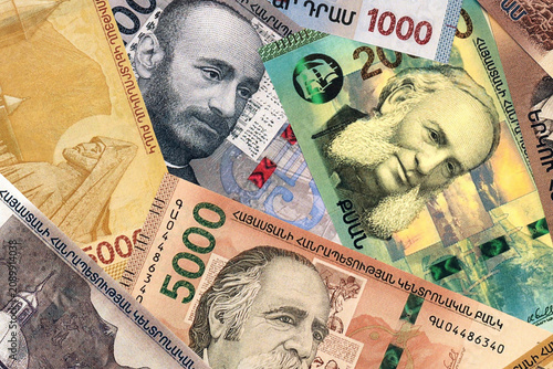 Tableau sur toile Armenian dram money bills in pile on table