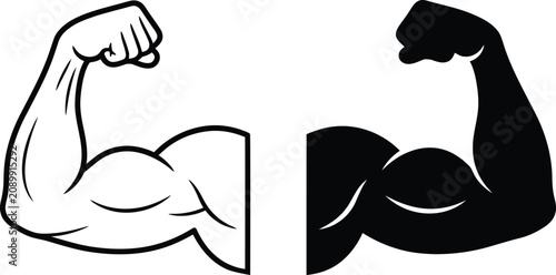 Bicep muscle arm flex icons showing line art and silhouette strength symbols for fitness.