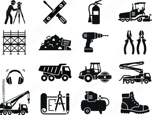 Set of construction industry worker tools and heavy machinery equipment vector icons set.