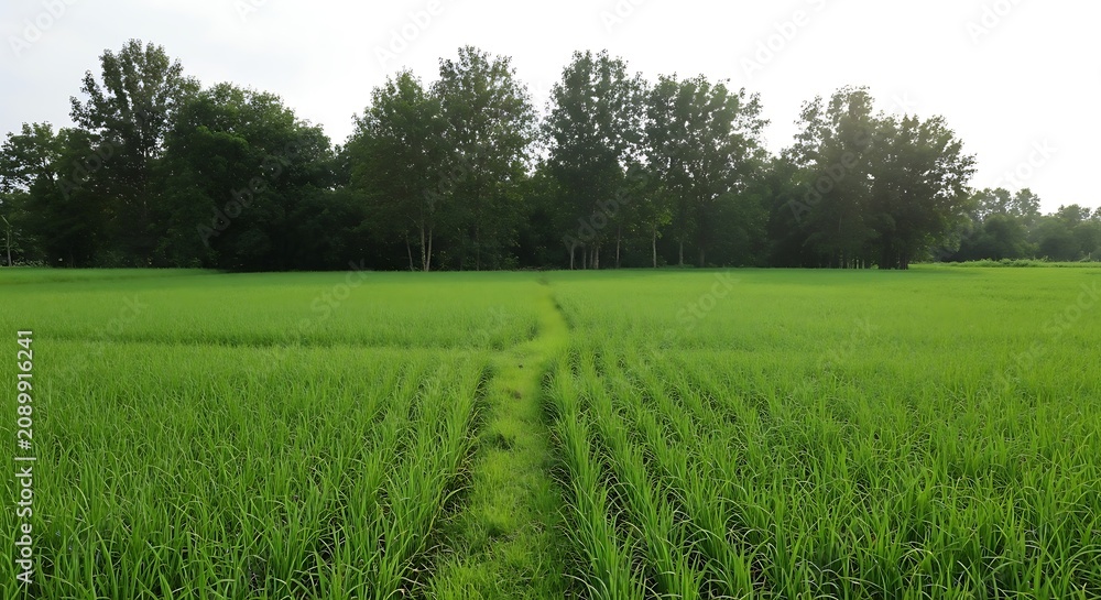 Obraz premium A tranquil path winds through a lush green rice paddy field towards a line of trees under a bright sky.