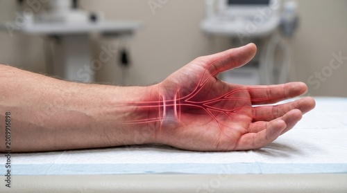 Illustration of carpal tunnel syndrome in a human hand, showing nerve compression and pain.