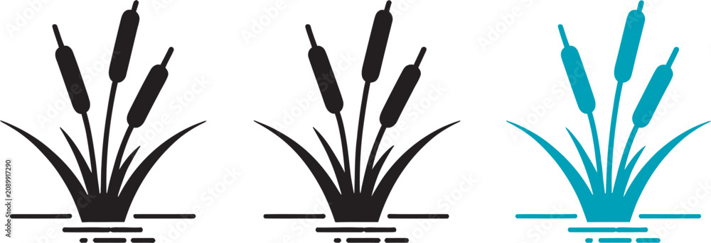 Obraz premium Reed plant icon set featuring cattail marsh grass and wetland nature symbols in outline and solid silhouette vector styles for botanical, ecological and landscape design concepts.