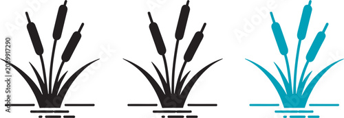 Reed plant icon set featuring cattail marsh grass and wetland nature symbols in outline and solid silhouette vector styles for botanical, ecological and landscape design concepts.