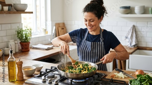 A smiling woman cooks vegetables on a stovetop in a bright kitchen. She wears a blue and white apron and has her hair pulled back in a bun.