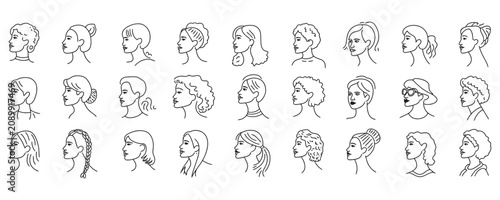 Photos Diverse group of women's faces in profile minimalist line art style