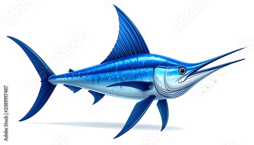 A detailed illustration of a large blue fish with a long bill