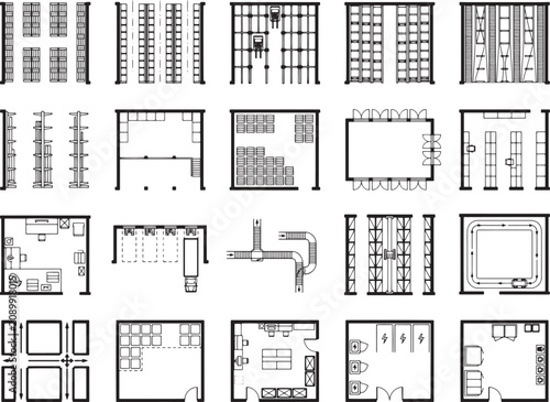 A collection of blueprint icons showcasing various architectural and interior design elements, including room layouts, furniture arrangements, and industrial facility designs.