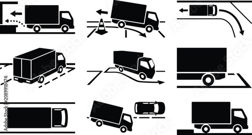 Obraz na plátně Black Delivery Truck Maneuvering Diagrams and Logistics Icon Set for Transportat