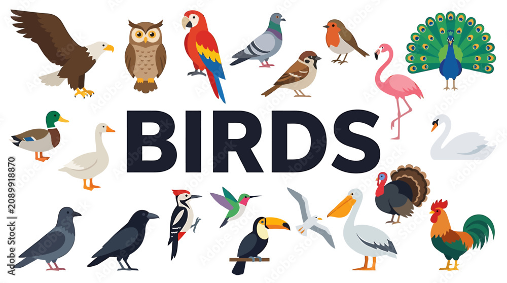 Fototapeta premium Collection of diverse avian species featuring various colorful bird characters arranged in a decorative set for educational wildlife design purposes