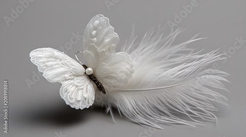 White fabric butterfly hair clip with soft feathers on grey background