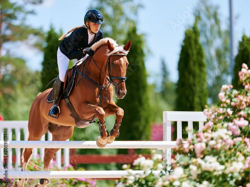 Show jumping competition, jumping over a barrier on a horse, blonde, female rider