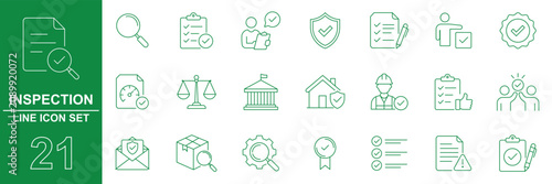 Inspection outline icon set featuring quality control, audit, compliance, checklist, safety assessment, editable stroke vector design.