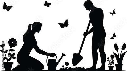 Gardeners are shown in this silhouette scene where a man and woman work together with flowers and butterflies to illustrate the joy of outdoor activities and home gardening for hobbyists.