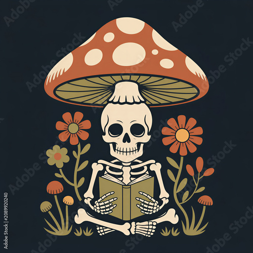 Whimsical vintage illustration of a cute skeleton sitting cross-legged under a large spotted mushroom cap, reading a small book 