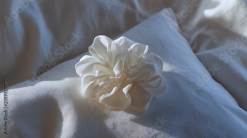 White fabric scrunchie resting on a soft white pillow in natural light