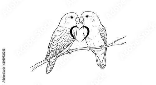 Tableau sur toile Two lovebirds on a branch, outline illustration with heart symbol